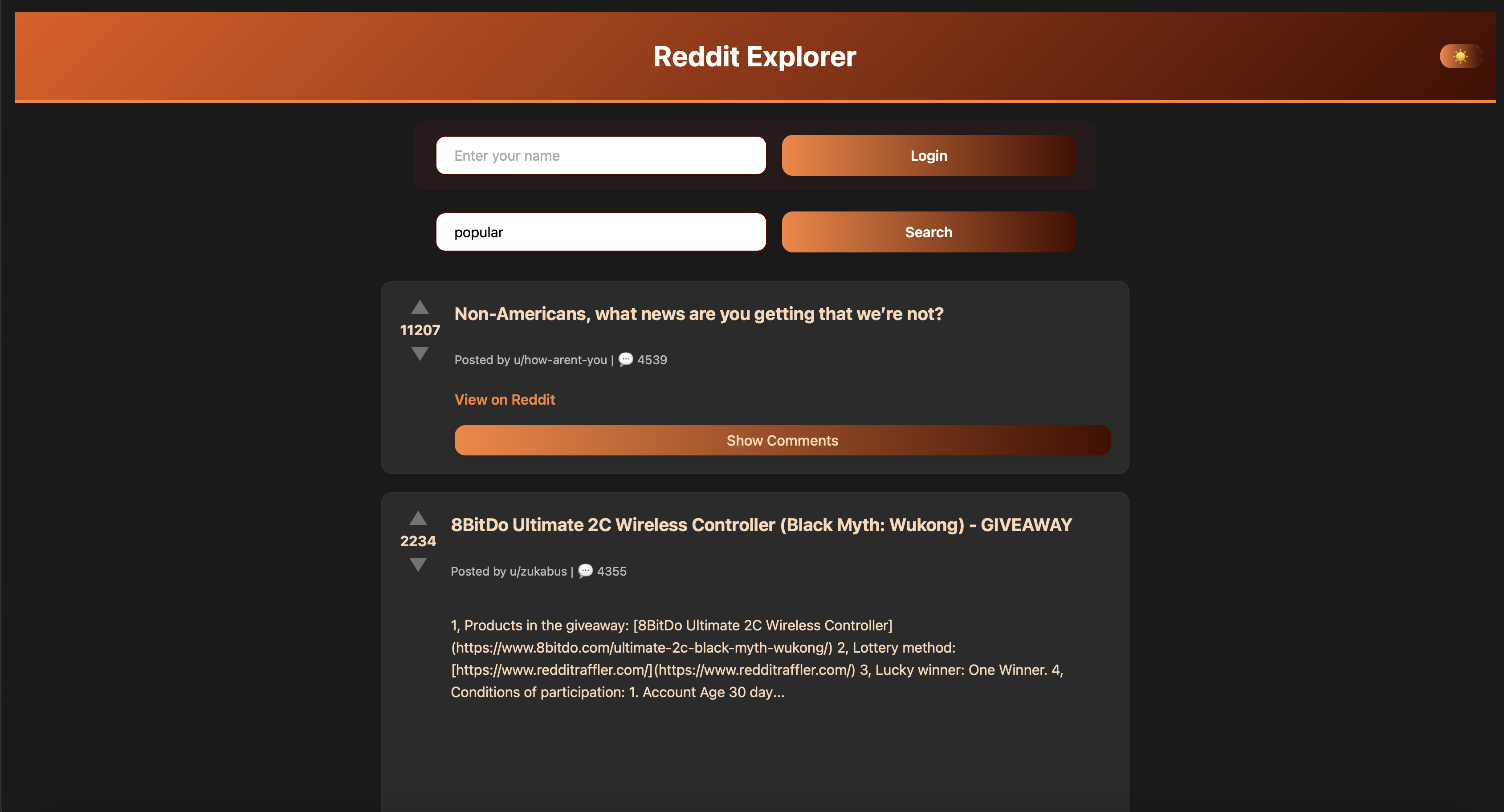 Homepage of Reddit Client app in dark mode. Main feed with subreddit search bar, post titles, and upvote/downvote buttons. Dark background with blue accents.