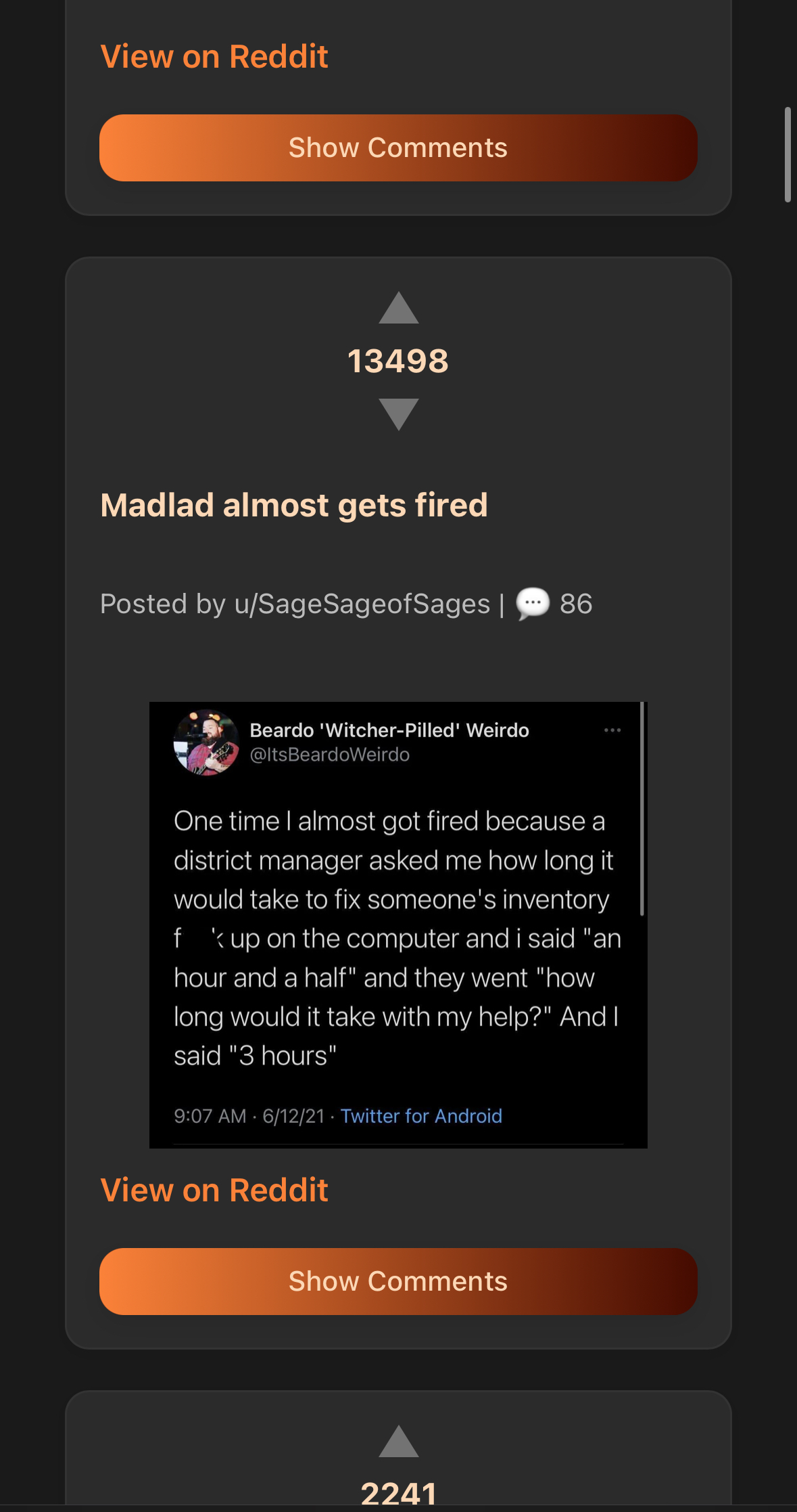 Post view in Reddit Client app, dark mode. Post content with comments section, user avatars, and reply buttons. Sleek dark interface.
