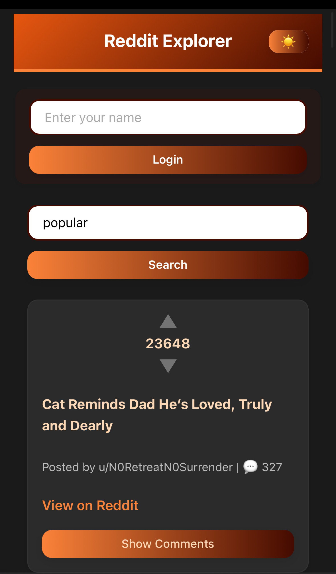 Search results in Reddit Client app, dark mode. List of subreddits matching search, each with icon and description. Dark background, blue highlights.