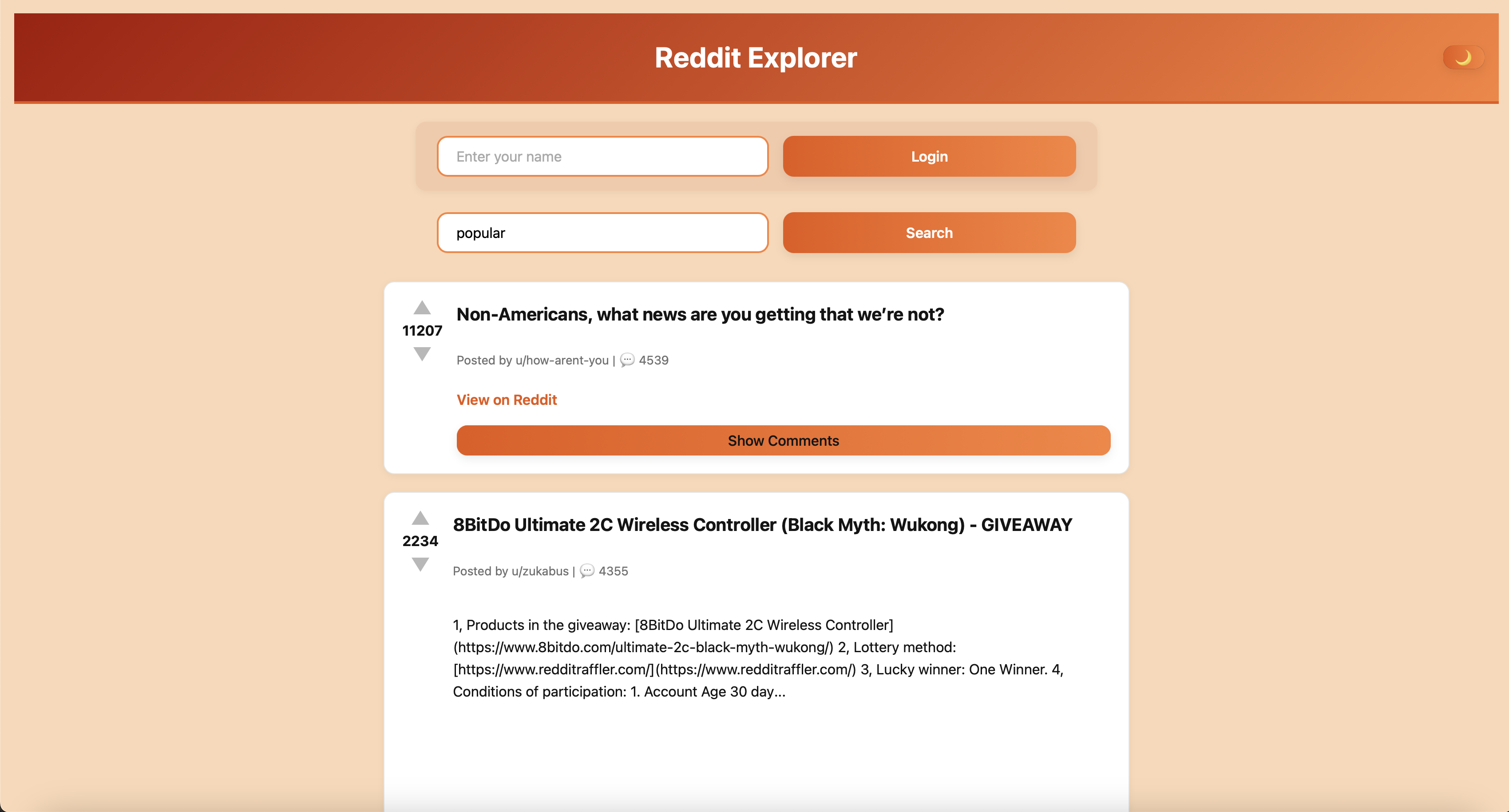 Homepage of Reddit Client app in light mode. Main feed with subreddit search bar, post titles, and upvote/downvote buttons. Clean white background with blue highlights.